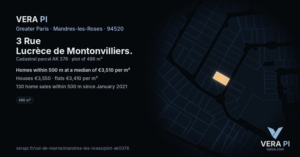 3 Rue Lucrèce de Montonvilliers, Mandres-les-Roses at night – the plot lit, the parcels around coloured by the prices near them