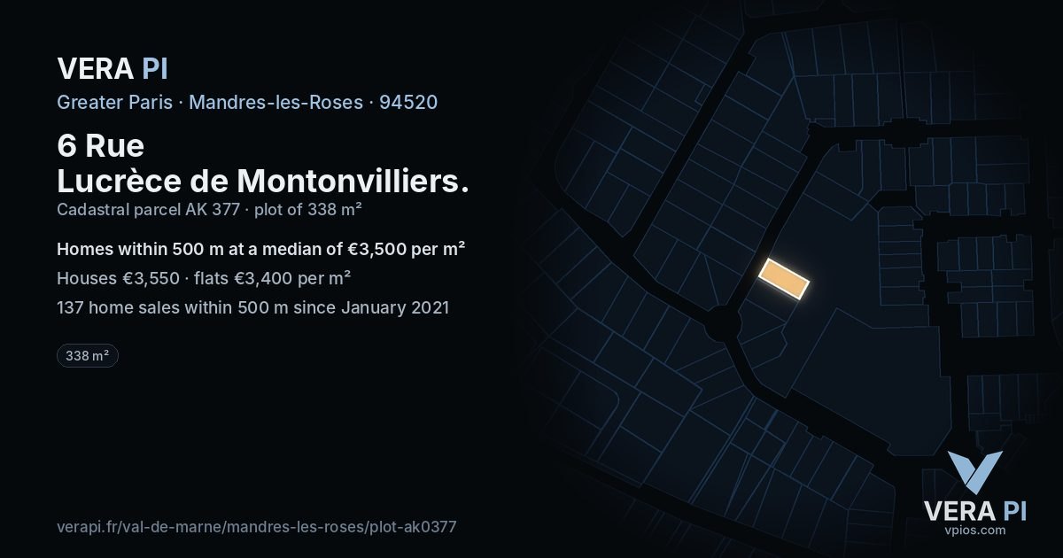6 Rue Lucrèce de Montonvilliers, Mandres-les-Roses at night – the plot lit, the parcels around coloured by the prices near them