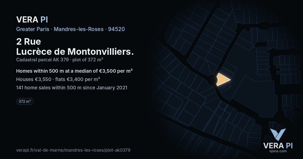 2 Rue Lucrèce de Montonvilliers, Mandres-les-Roses at night – the plot lit, the parcels around coloured by the prices near them