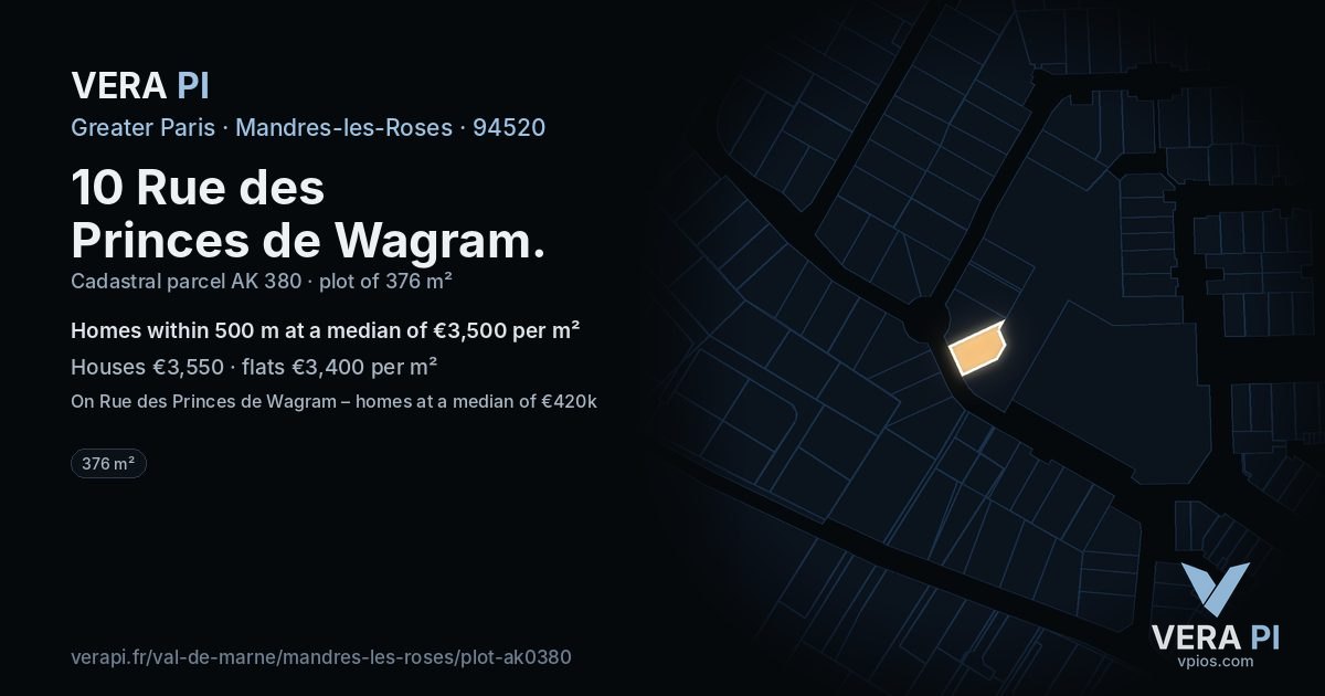 10 Rue des Princes de Wagram, Mandres-les-Roses at night – the plot lit, the parcels around coloured by the prices near them