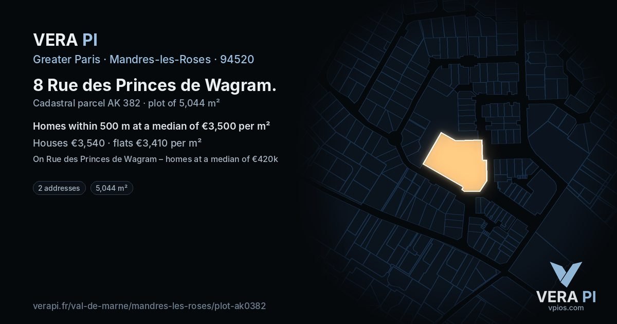 8 Rue des Princes de Wagram, Mandres-les-Roses at night – the plot lit, the parcels around coloured by the prices near them