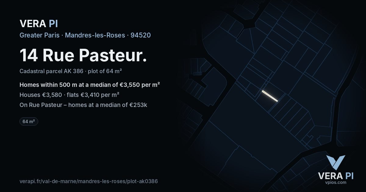 14 Rue Pasteur, Mandres-les-Roses at night – the plot lit, the parcels around coloured by the prices near them