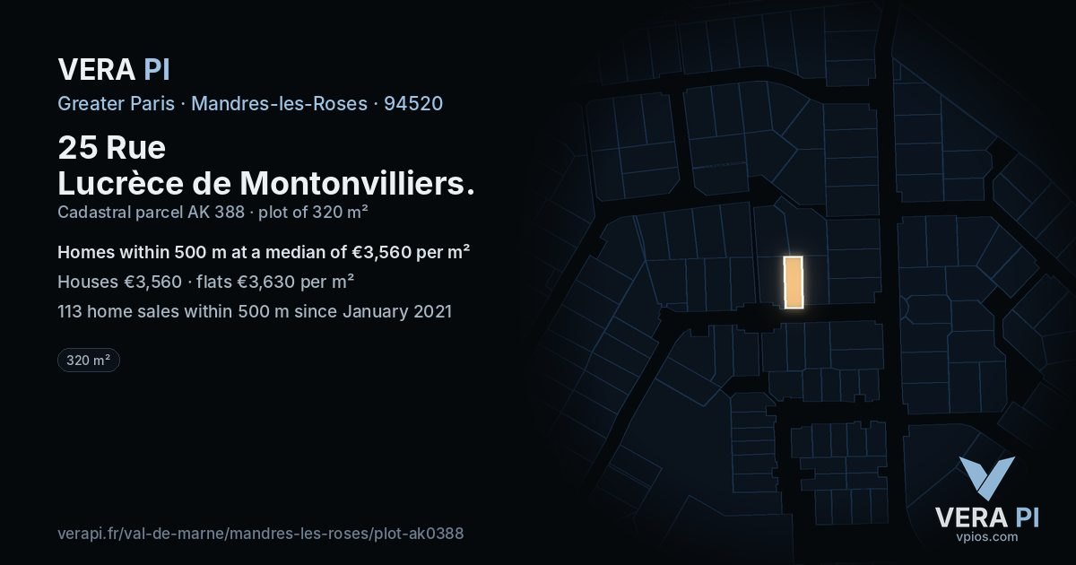 25 Rue Lucrèce de Montonvilliers, Mandres-les-Roses at night – the plot lit, the parcels around coloured by the prices near them