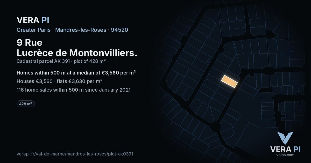9 Rue Lucrèce de Montonvilliers, Mandres-les-Roses at night – the plot lit, the parcels around coloured by the prices near them