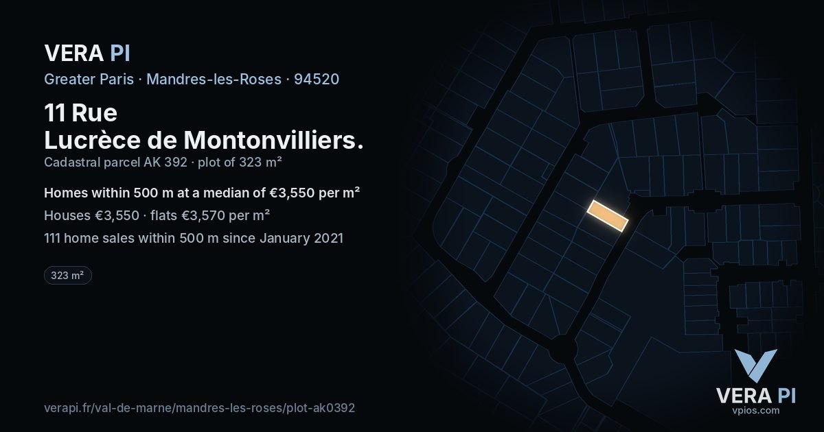 11 Rue Lucrèce de Montonvilliers, Mandres-les-Roses at night – the plot lit, the parcels around coloured by the prices near them
