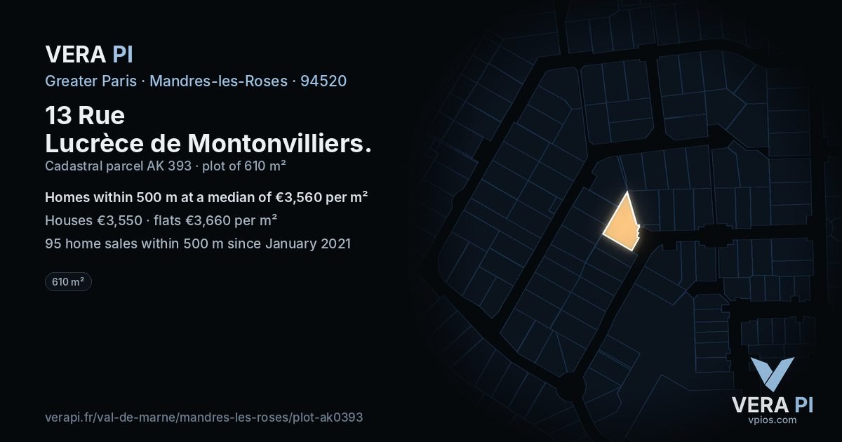 13 Rue Lucrèce de Montonvilliers, Mandres-les-Roses at night – the plot lit, the parcels around coloured by the prices near them