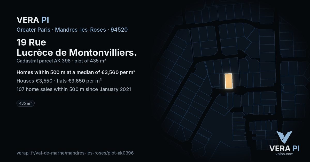 19 Rue Lucrèce de Montonvilliers, Mandres-les-Roses at night – the plot lit, the parcels around coloured by the prices near them