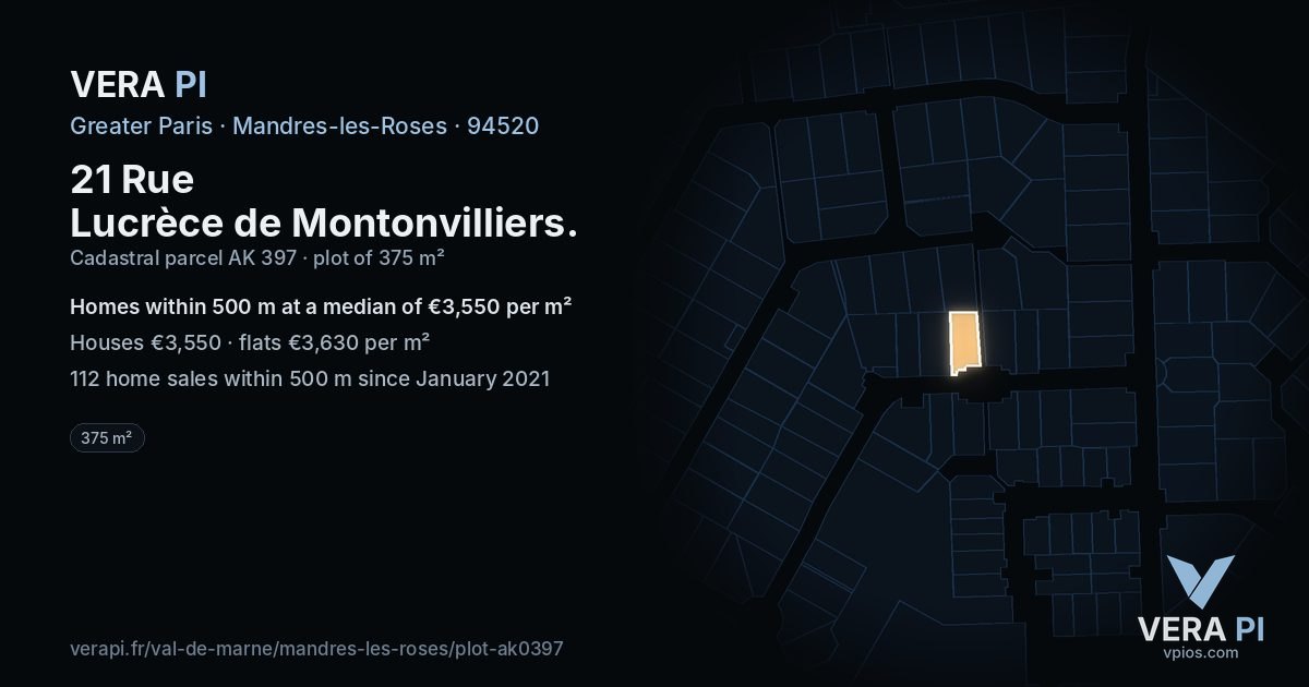 21 Rue Lucrèce de Montonvilliers, Mandres-les-Roses at night – the plot lit, the parcels around coloured by the prices near them