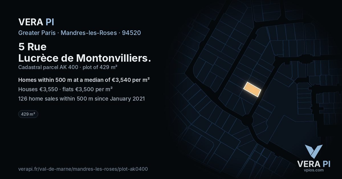 5 Rue Lucrèce de Montonvilliers, Mandres-les-Roses at night – the plot lit, the parcels around coloured by the prices near them