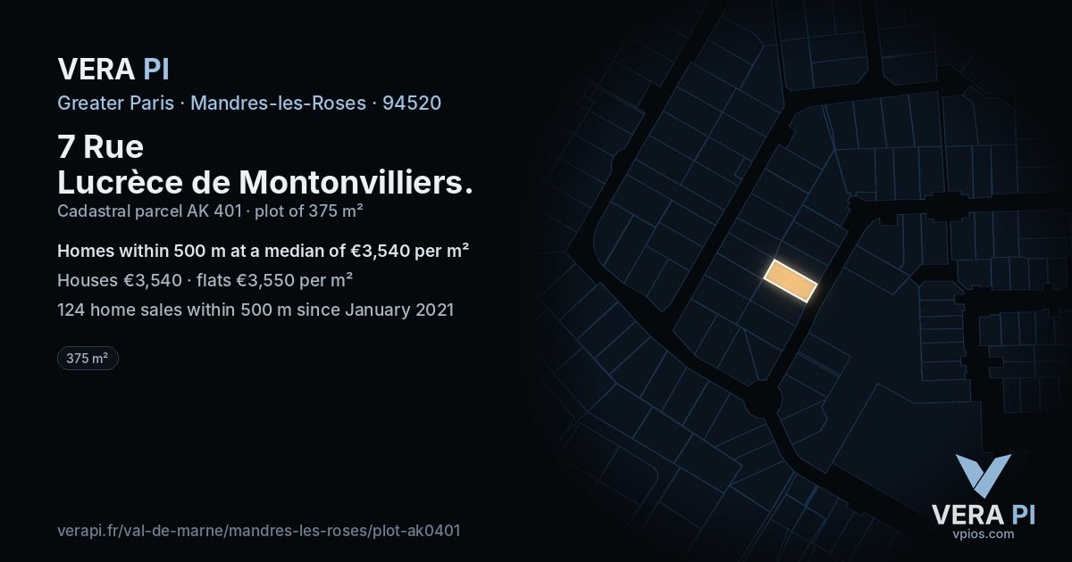 7 Rue Lucrèce de Montonvilliers, Mandres-les-Roses at night – the plot lit, the parcels around coloured by the prices near them