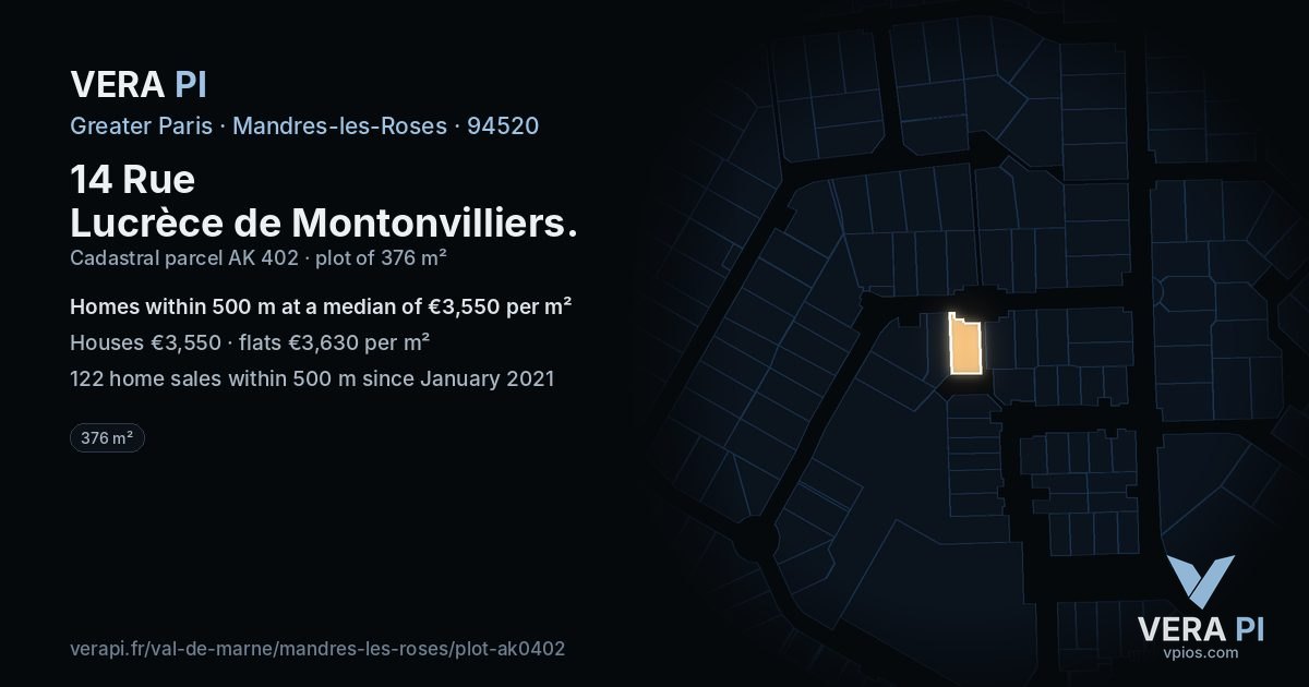 14 Rue Lucrèce de Montonvilliers, Mandres-les-Roses at night – the plot lit, the parcels around coloured by the prices near them