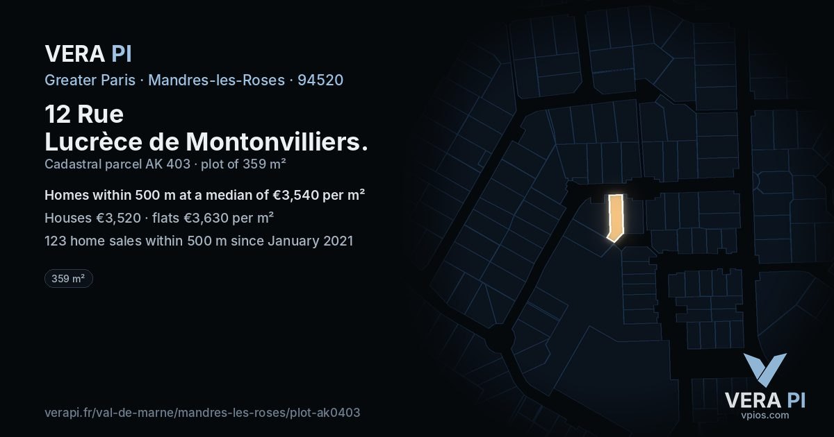 12 Rue Lucrèce de Montonvilliers, Mandres-les-Roses at night – the plot lit, the parcels around coloured by the prices near them