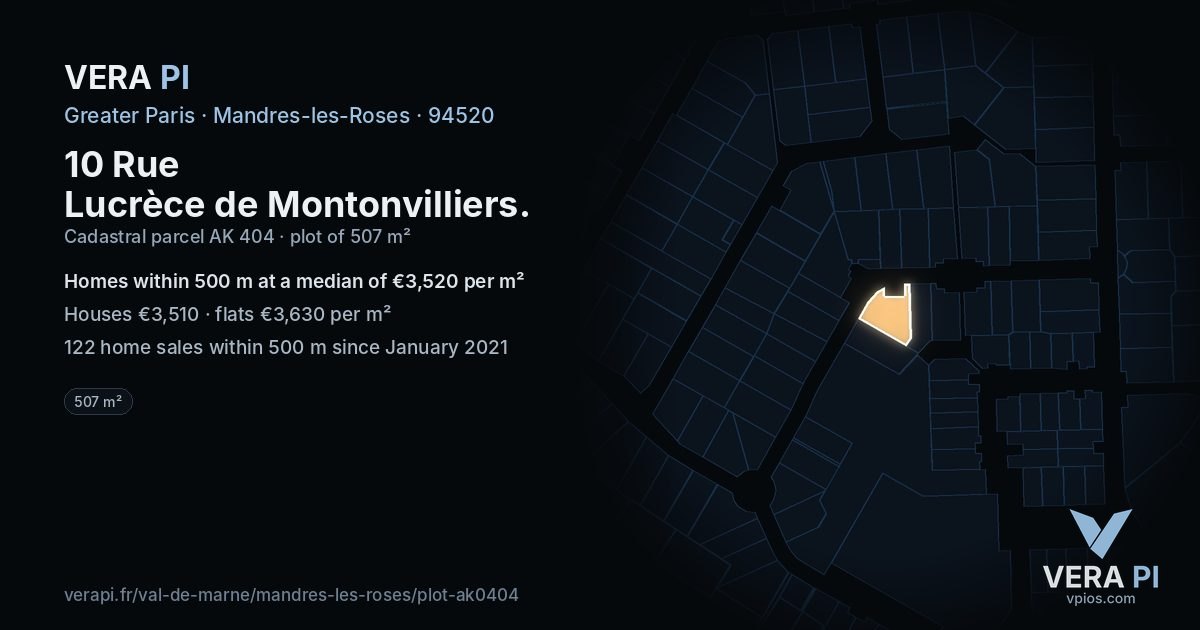 10 Rue Lucrèce de Montonvilliers, Mandres-les-Roses at night – the plot lit, the parcels around coloured by the prices near them