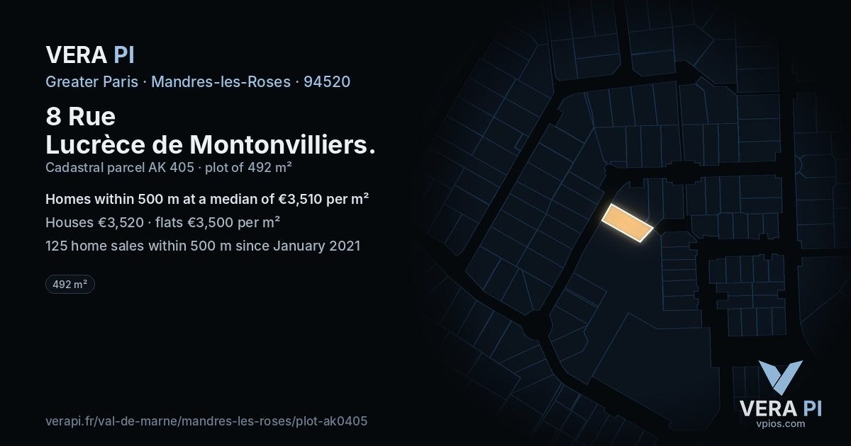 8 Rue Lucrèce de Montonvilliers, Mandres-les-Roses at night – the plot lit, the parcels around coloured by the prices near them