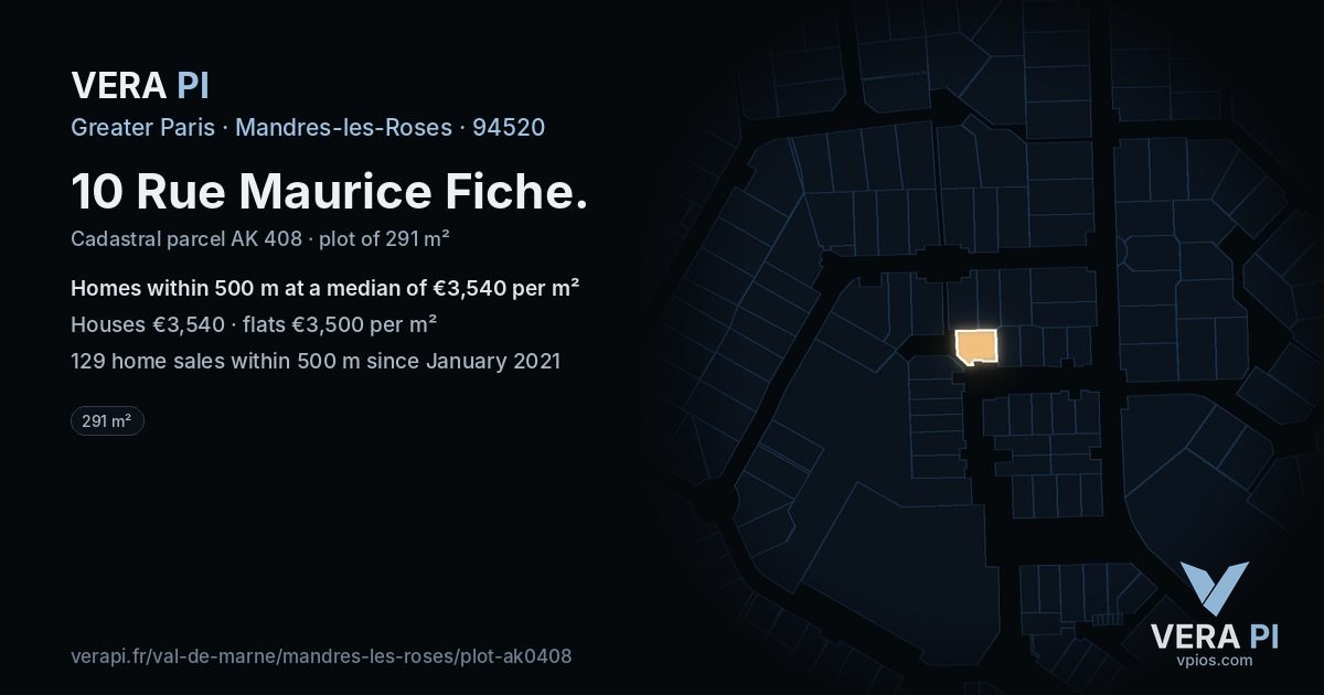 10 Rue Maurice Fiche, Mandres-les-Roses at night – the plot lit, the parcels around coloured by the prices near them