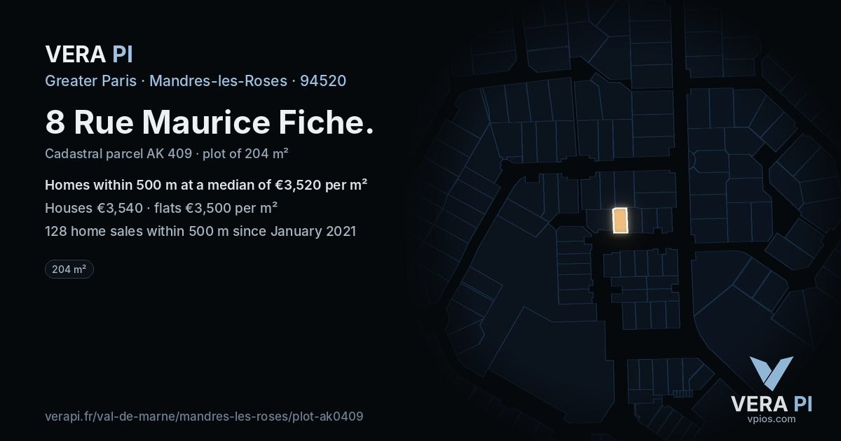 8 Rue Maurice Fiche, Mandres-les-Roses at night – the plot lit, the parcels around coloured by the prices near them