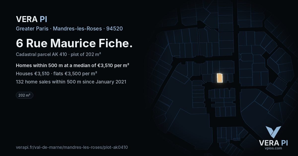6 Rue Maurice Fiche, Mandres-les-Roses at night – the plot lit, the parcels around coloured by the prices near them