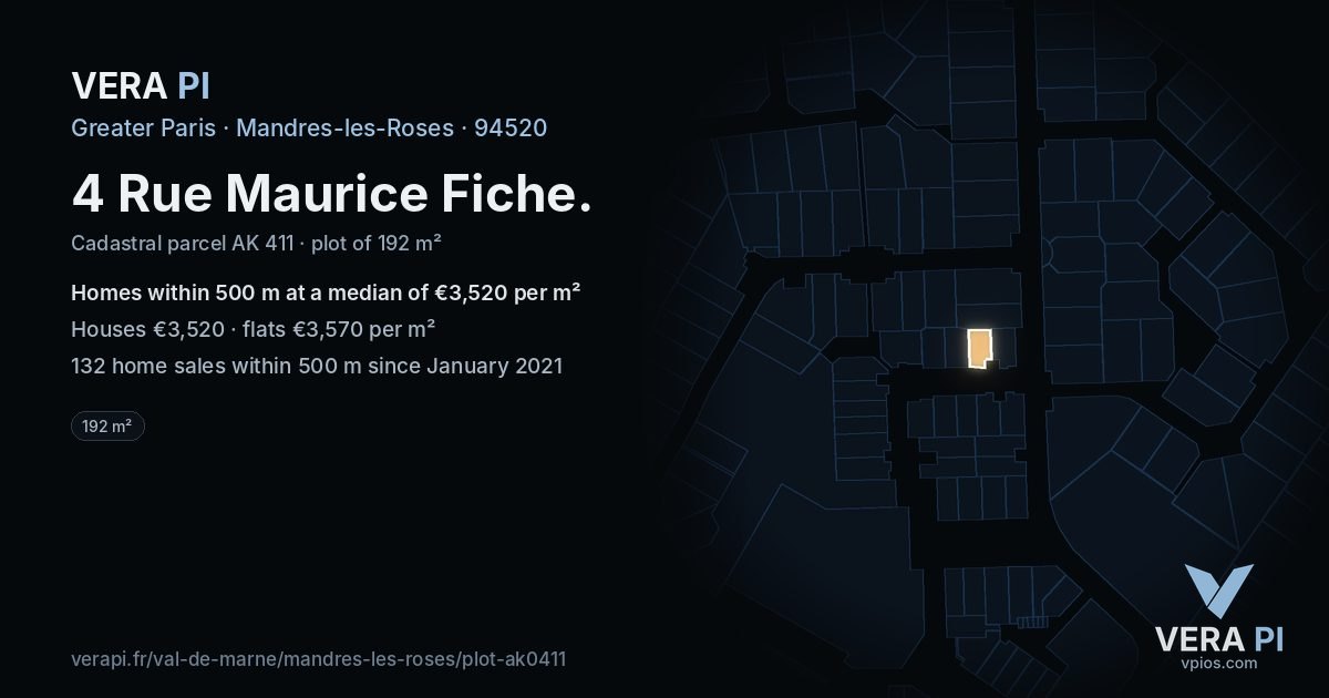 4 Rue Maurice Fiche, Mandres-les-Roses at night – the plot lit, the parcels around coloured by the prices near them