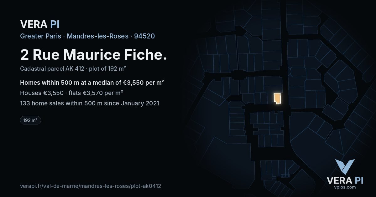 2 Rue Maurice Fiche, Mandres-les-Roses at night – the plot lit, the parcels around coloured by the prices near them