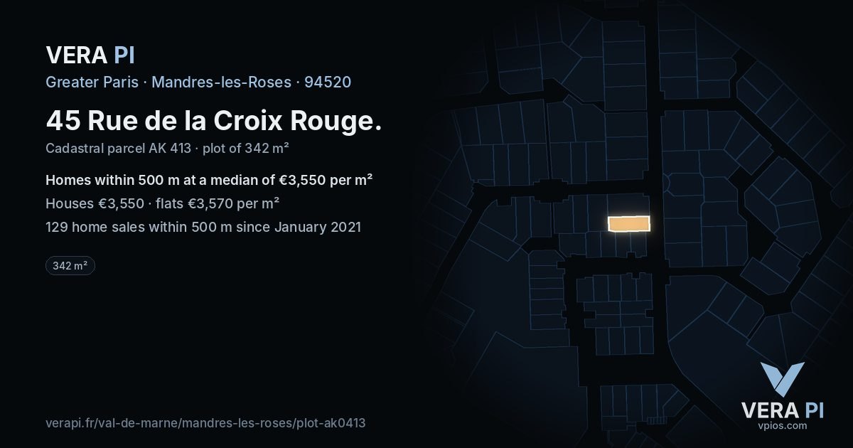 45 Rue de la Croix Rouge, Mandres-les-Roses at night – the plot lit, the parcels around coloured by the prices near them