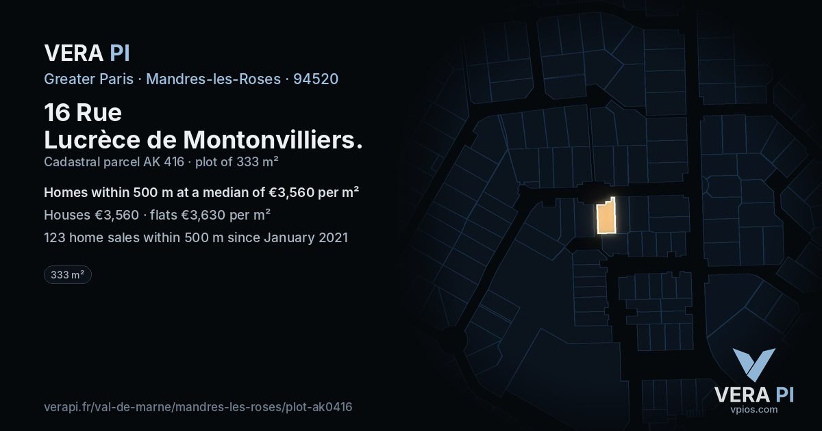 16 Rue Lucrèce de Montonvilliers, Mandres-les-Roses at night – the plot lit, the parcels around coloured by the prices near them