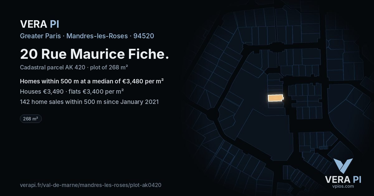 20 Rue Maurice Fiche, Mandres-les-Roses at night – the plot lit, the parcels around coloured by the prices near them