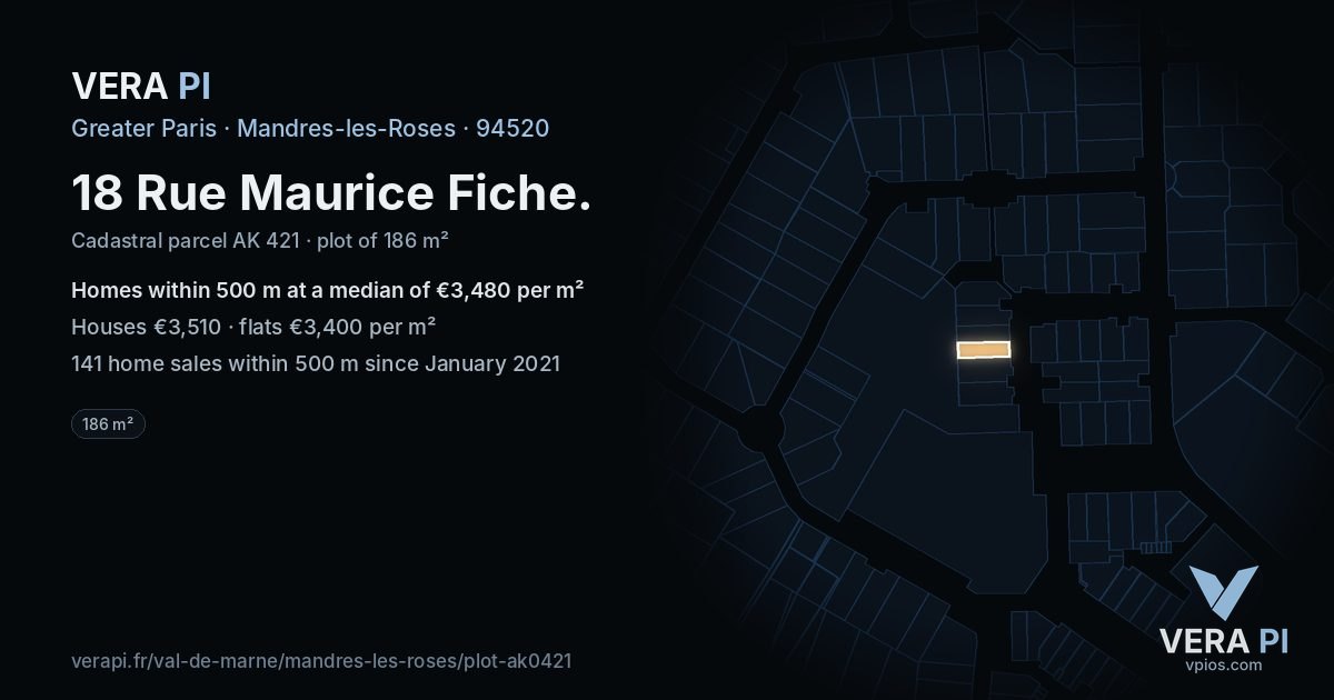 18 Rue Maurice Fiche, Mandres-les-Roses at night – the plot lit, the parcels around coloured by the prices near them