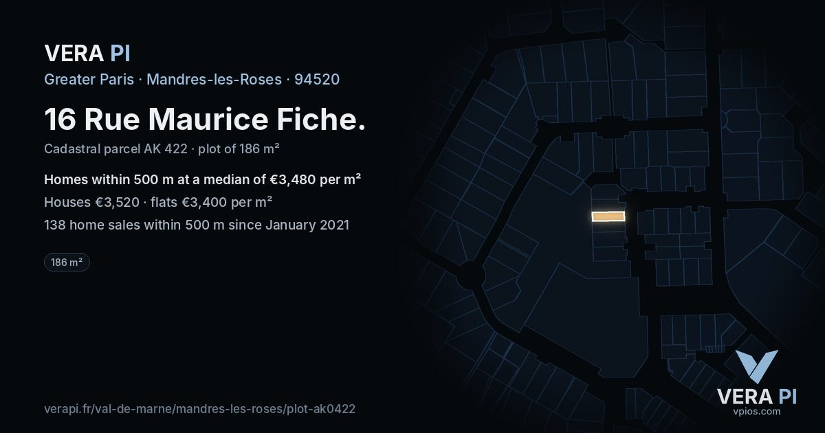 16 Rue Maurice Fiche, Mandres-les-Roses at night – the plot lit, the parcels around coloured by the prices near them