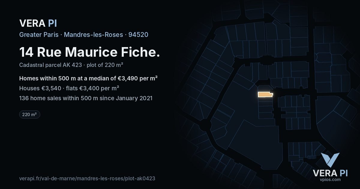 14 Rue Maurice Fiche, Mandres-les-Roses at night – the plot lit, the parcels around coloured by the prices near them