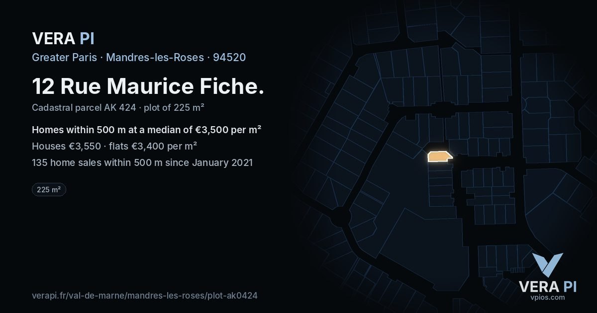 12 Rue Maurice Fiche, Mandres-les-Roses at night – the plot lit, the parcels around coloured by the prices near them