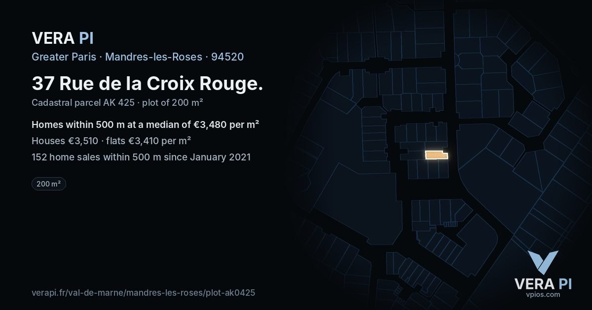 37 Rue de la Croix Rouge, Mandres-les-Roses at night – the plot lit, the parcels around coloured by the prices near them