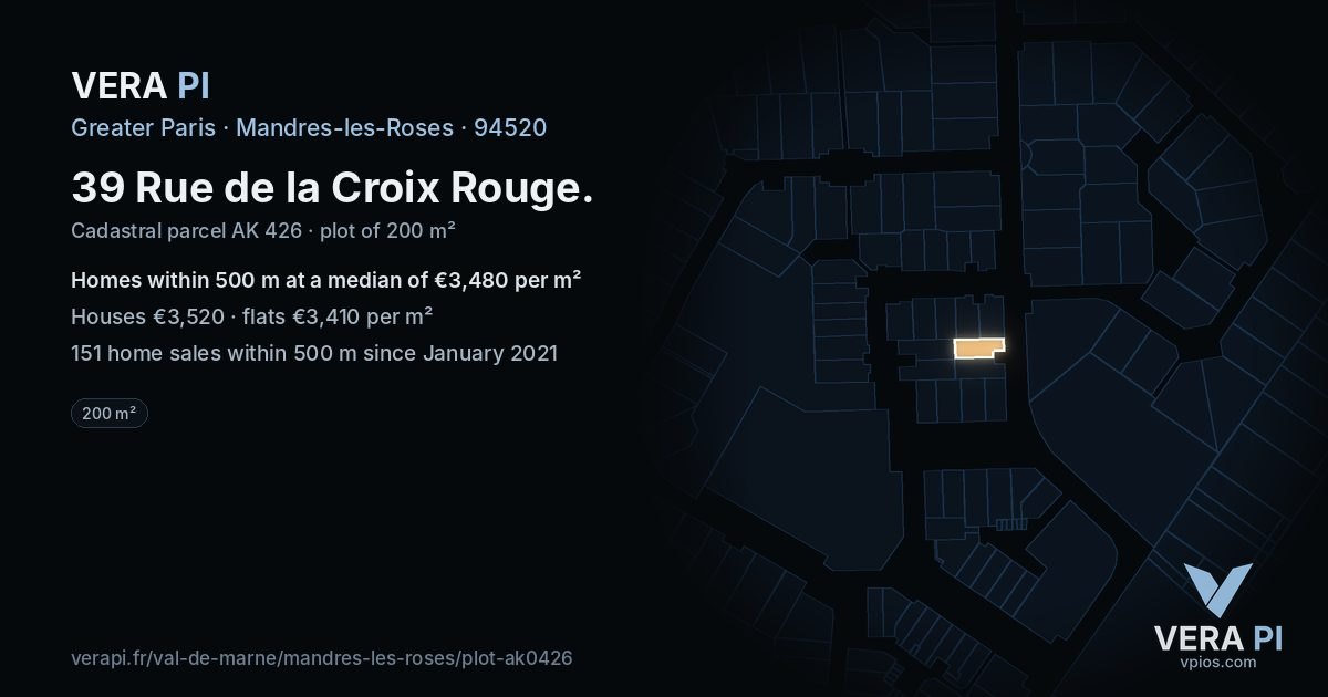 39 Rue de la Croix Rouge, Mandres-les-Roses at night – the plot lit, the parcels around coloured by the prices near them