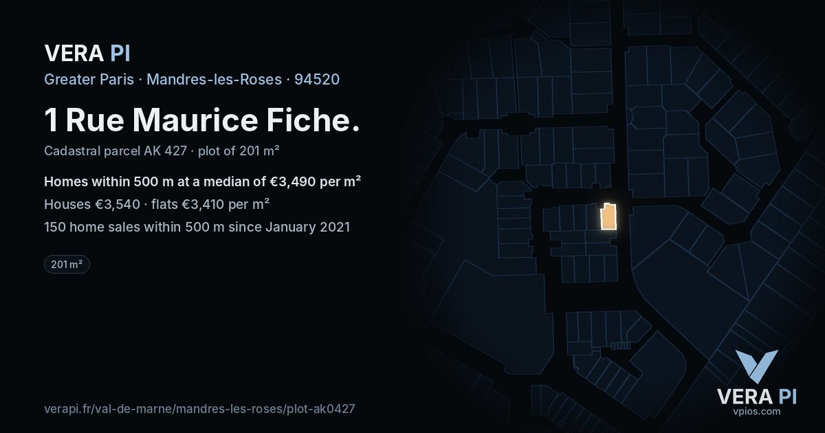 1 Rue Maurice Fiche, Mandres-les-Roses at night – the plot lit, the parcels around coloured by the prices near them