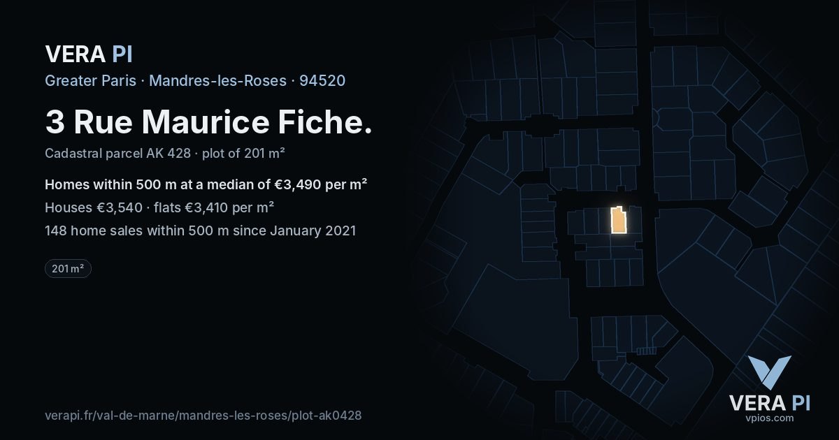 3 Rue Maurice Fiche, Mandres-les-Roses at night – the plot lit, the parcels around coloured by the prices near them