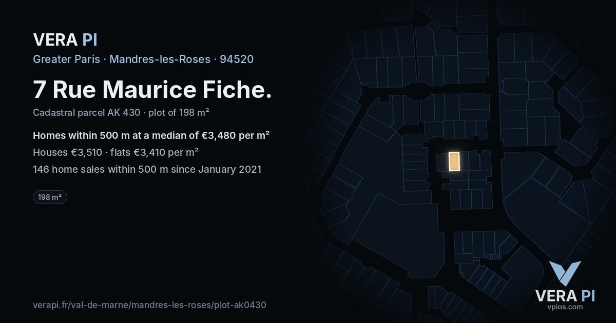 7 Rue Maurice Fiche, Mandres-les-Roses at night – the plot lit, the parcels around coloured by the prices near them