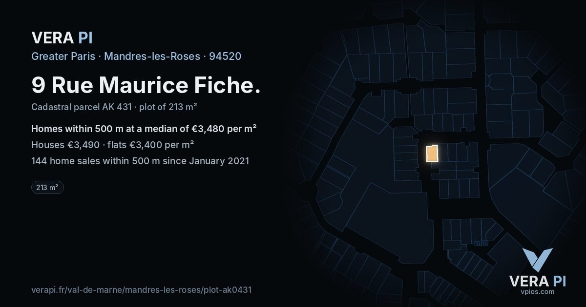 9 Rue Maurice Fiche, Mandres-les-Roses at night – the plot lit, the parcels around coloured by the prices near them