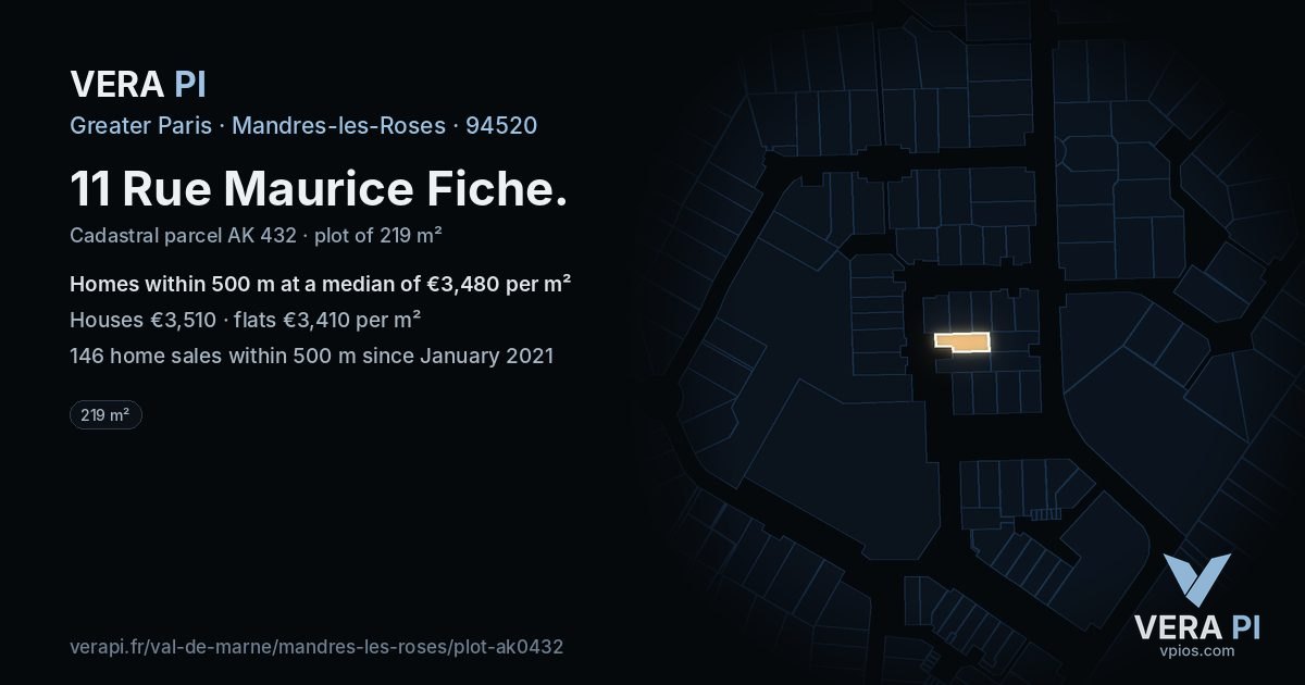 11 Rue Maurice Fiche, Mandres-les-Roses at night – the plot lit, the parcels around coloured by the prices near them