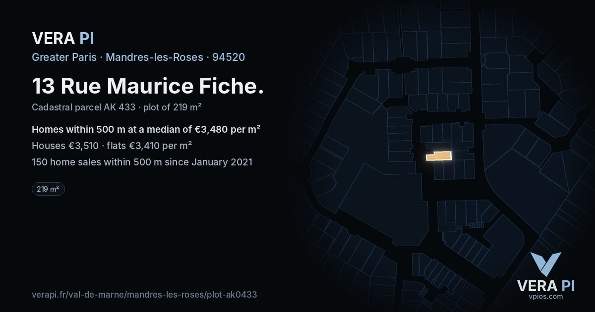 13 Rue Maurice Fiche, Mandres-les-Roses at night – the plot lit, the parcels around coloured by the prices near them