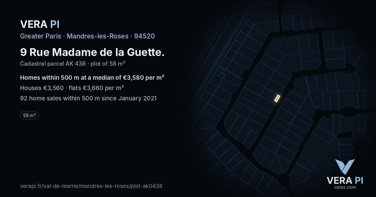 9 Rue Madame de la Guette, Mandres-les-Roses at night – the plot lit, the parcels around coloured by the prices near them
