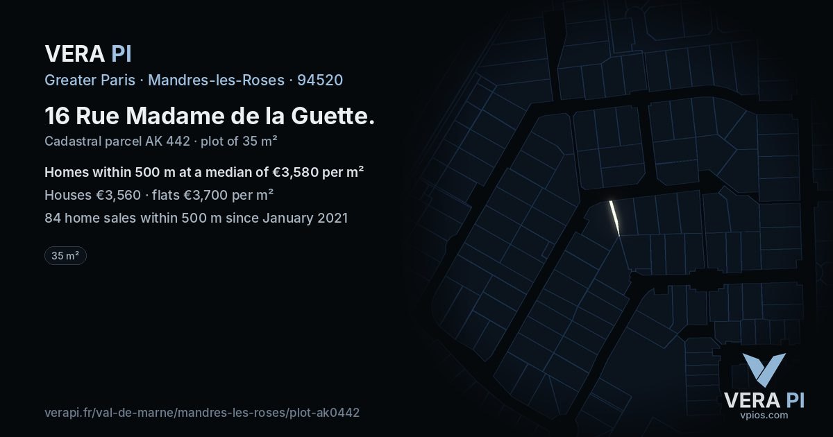 16 Rue Madame de la Guette, Mandres-les-Roses at night – the plot lit, the parcels around coloured by the prices near them