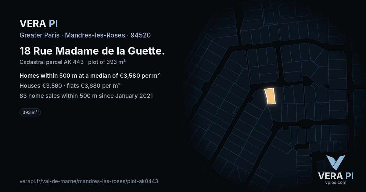 18 Rue Madame de la Guette, Mandres-les-Roses at night – the plot lit, the parcels around coloured by the prices near them