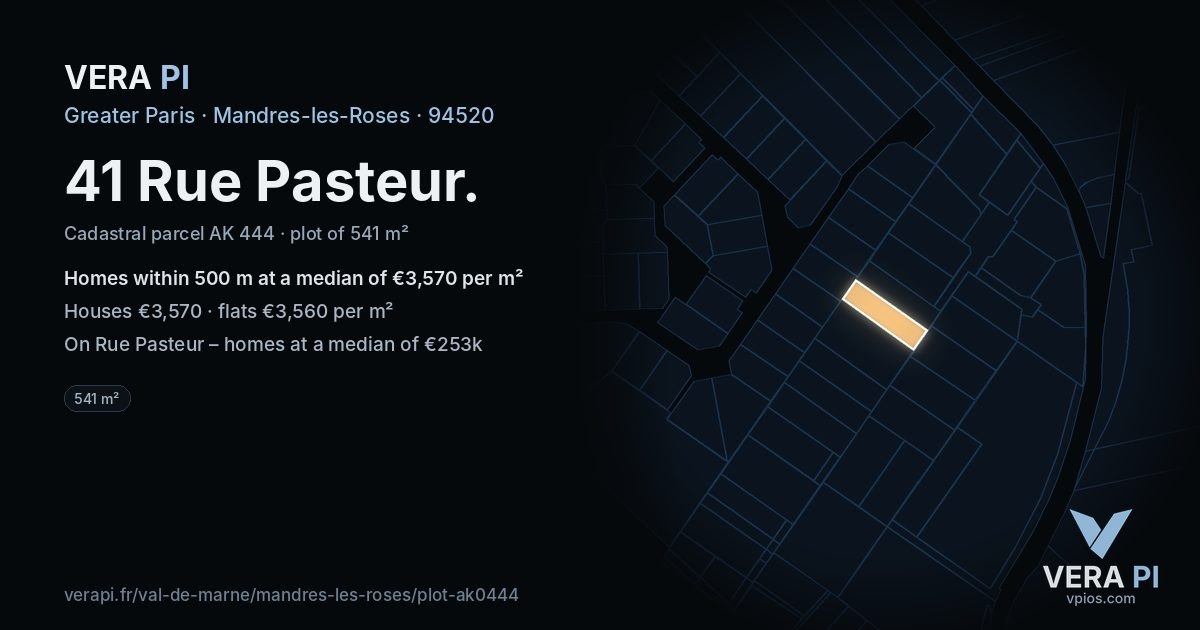 41 Rue Pasteur, Mandres-les-Roses at night – the plot lit, the parcels around coloured by the prices near them