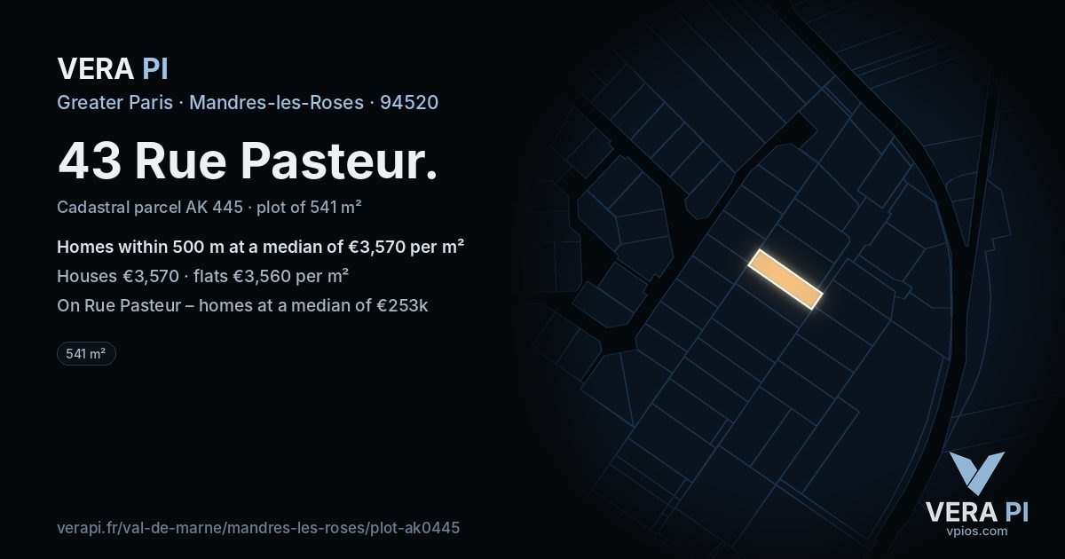 43 Rue Pasteur, Mandres-les-Roses at night – the plot lit, the parcels around coloured by the prices near them