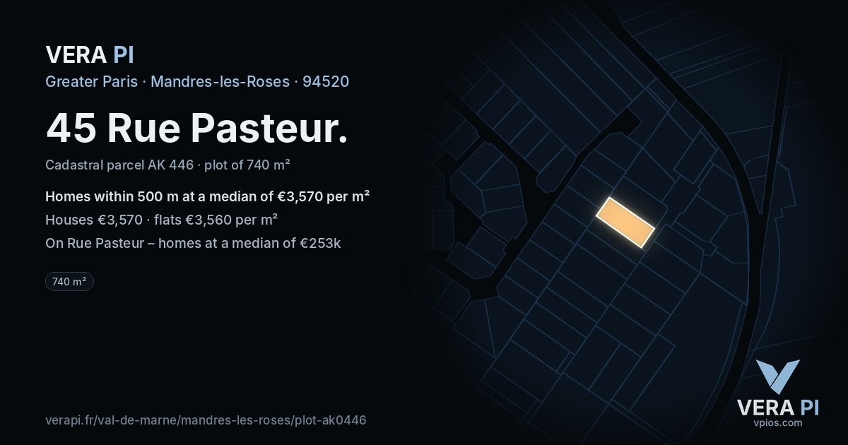 45 Rue Pasteur, Mandres-les-Roses at night – the plot lit, the parcels around coloured by the prices near them