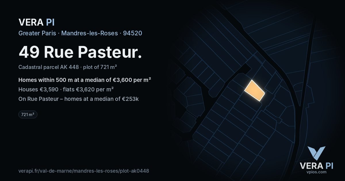 49 Rue Pasteur, Mandres-les-Roses at night – the plot lit, the parcels around coloured by the prices near them