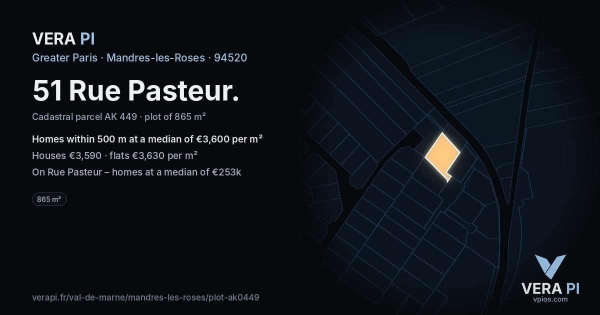 51 Rue Pasteur, Mandres-les-Roses at night – the plot lit, the parcels around coloured by the prices near them