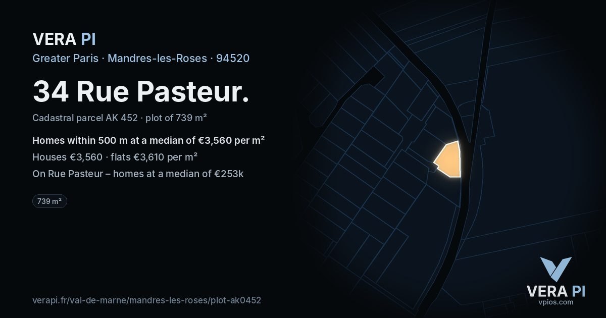 34 Rue Pasteur, Mandres-les-Roses at night – the plot lit, the parcels around coloured by the prices near them