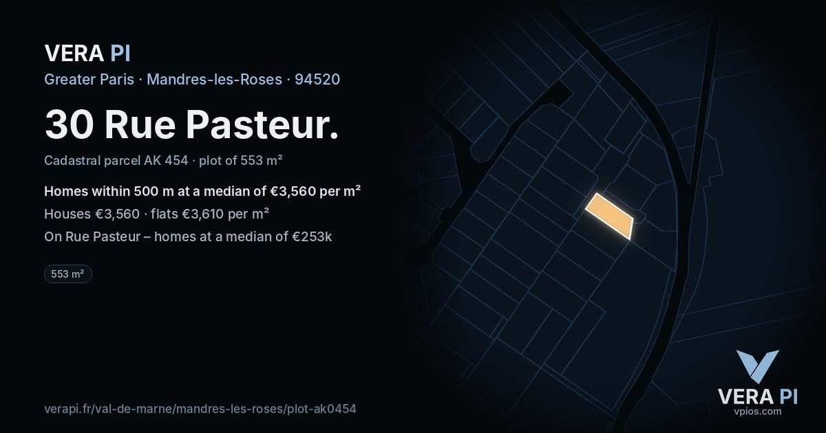 30 Rue Pasteur, Mandres-les-Roses at night – the plot lit, the parcels around coloured by the prices near them