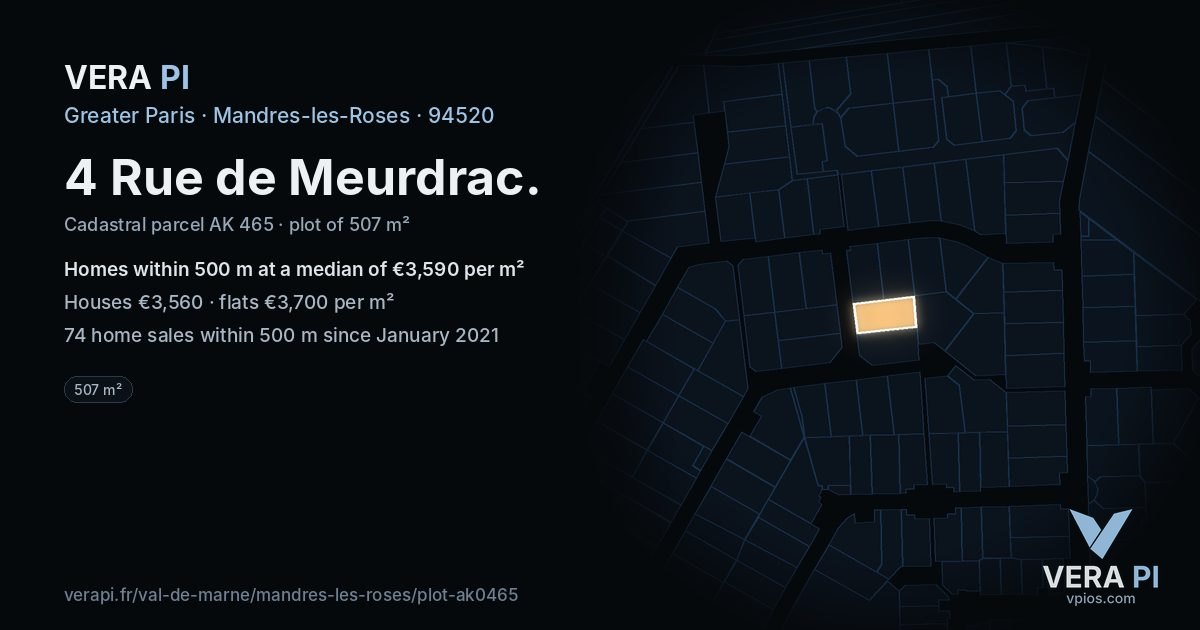 4 Rue de Meurdrac, Mandres-les-Roses at night – the plot lit, the parcels around coloured by the prices near them