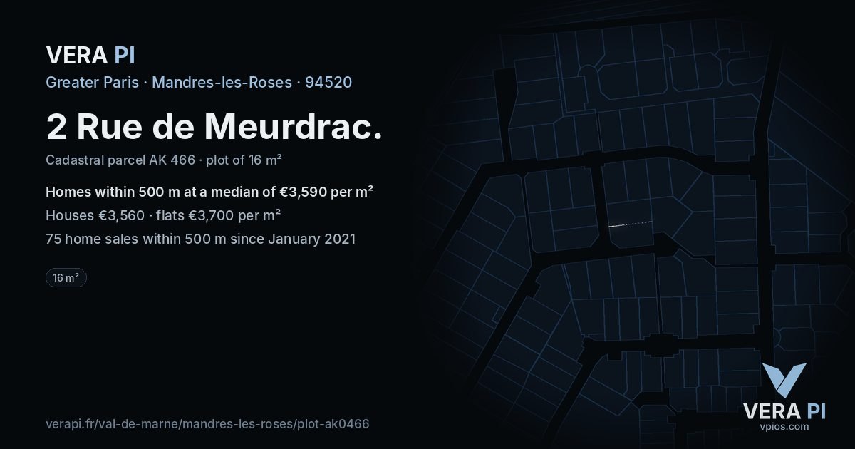 2 Rue de Meurdrac, Mandres-les-Roses at night – the plot lit, the parcels around coloured by the prices near them